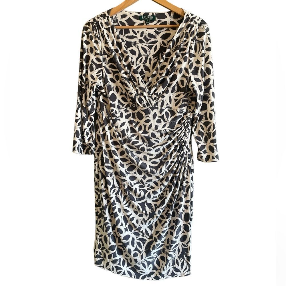 Lauren Ralph Lauren White Grey Floral Abstract Pattern V Neck Sheath Dress Sz 16